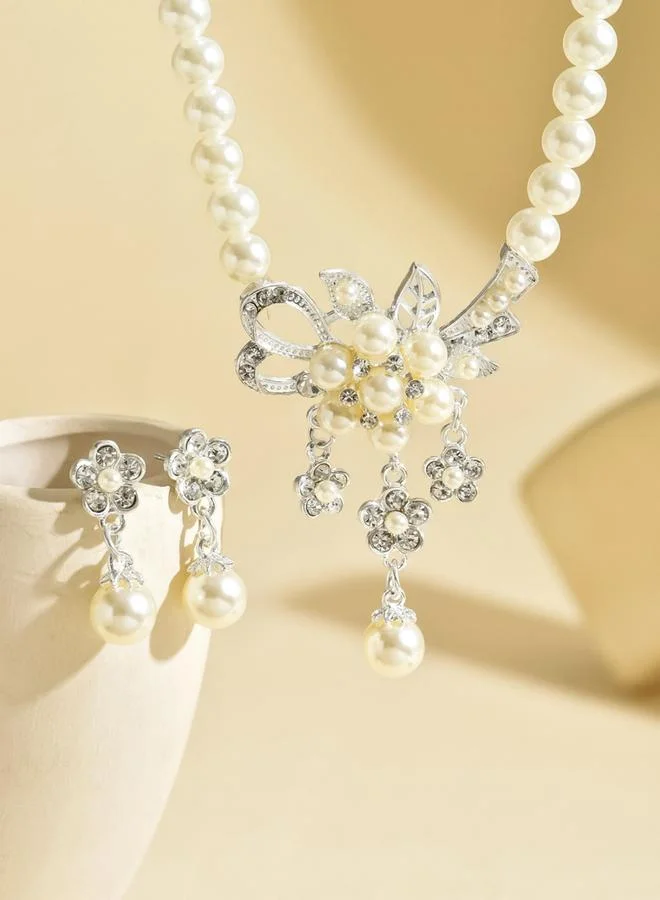 Take Two  Take Two Embellished Lucky Clover Pendant Faux Pearl Necklace and Earrings Jewelry Set for Women | Best Price UAE