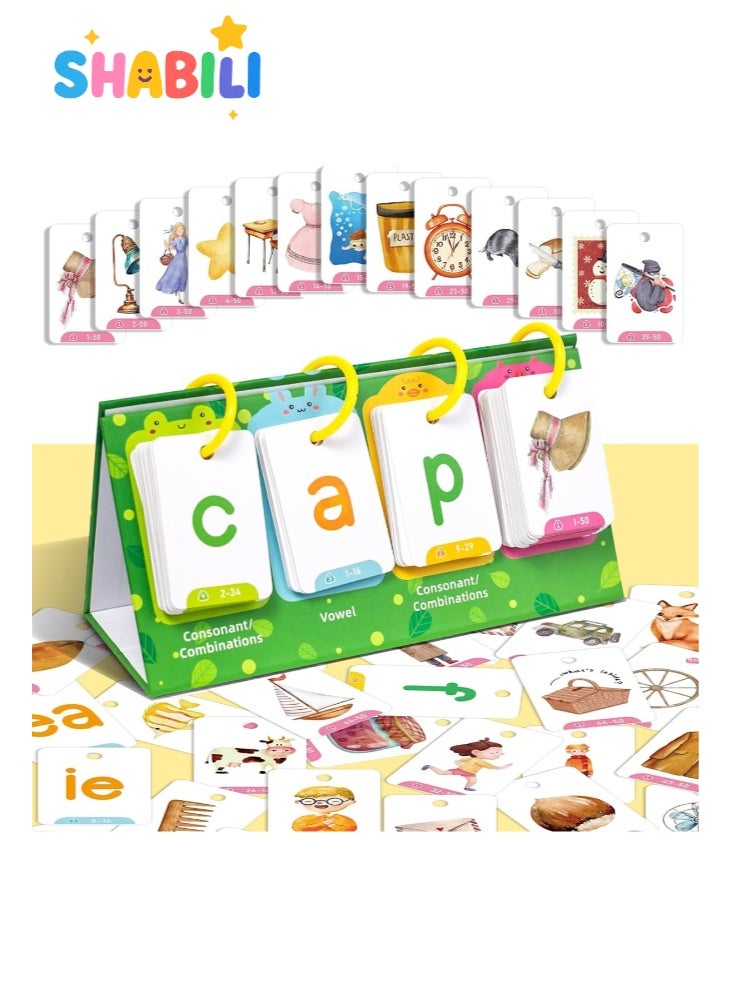 شبيلي بطاقات فونكس لتكوين الكلمات للأطفال عمر ٣+، ١٢٩ بطاقة صور CVC مع حامل مثلث وحلقات، مزج الحروف الساكنة والعلة، للتعلّم في الصف أو المنزل ‏(متعدد الألوان) - Image 4