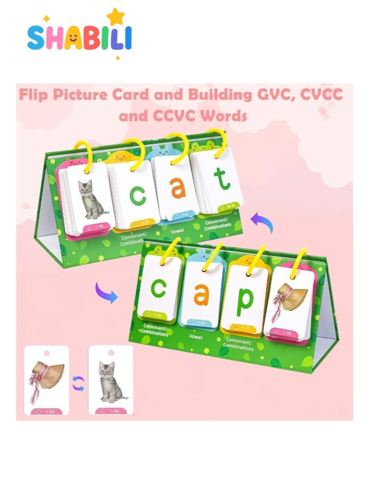 شبيلي بطاقات فونكس لتكوين الكلمات للأطفال عمر ٣+، ١٢٩ بطاقة صور CVC مع حامل مثلث وحلقات، مزج الحروف الساكنة والعلة، للتعلّم في الصف أو المنزل ‏(متعدد الألوان) - Image 3