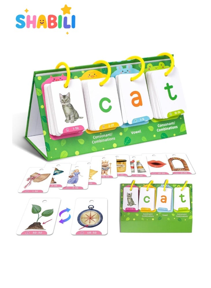 شبيلي بطاقات فونكس لتكوين الكلمات للأطفال عمر ٣+، ١٢٩ بطاقة صور CVC مع حامل مثلث وحلقات، مزج الحروف الساكنة والعلة، للتعلّم في الصف أو المنزل ‏(متعدد الألوان) - Image 1