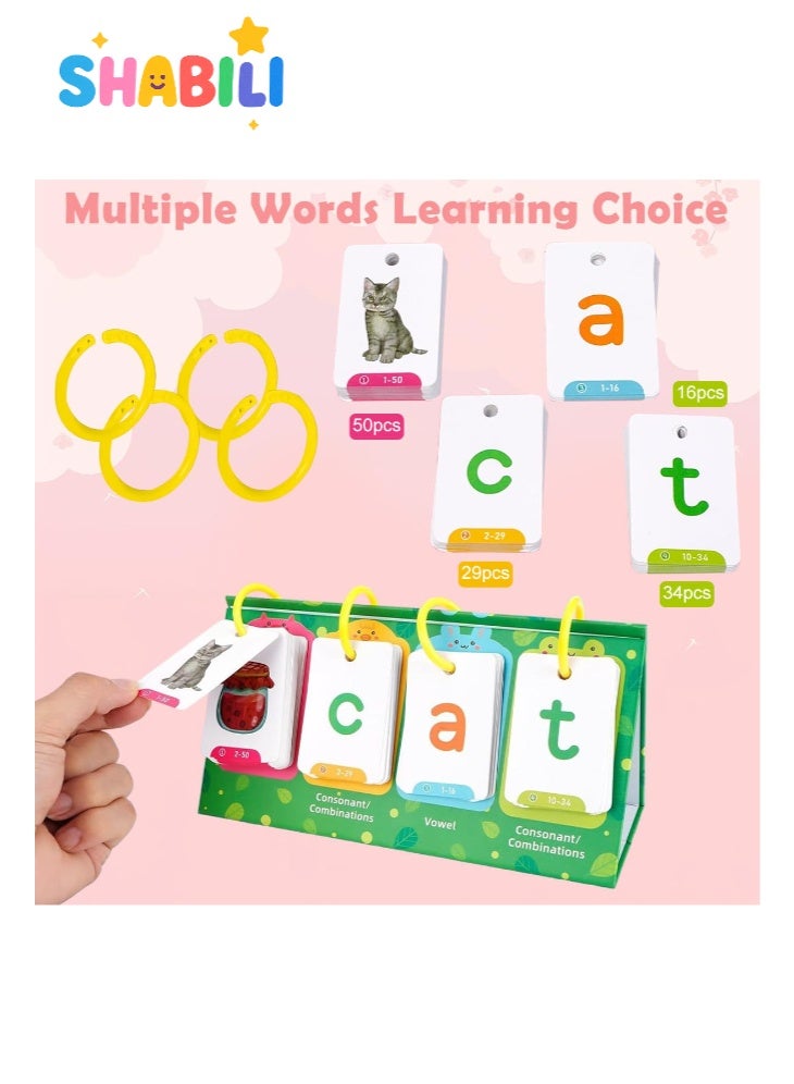 شبيلي بطاقات فونكس لتكوين الكلمات للأطفال عمر ٣+، ١٢٩ بطاقة صور CVC مع حامل مثلث وحلقات، مزج الحروف الساكنة والعلة، للتعلّم في الصف أو المنزل ‏(متعدد الألوان) - Image 5