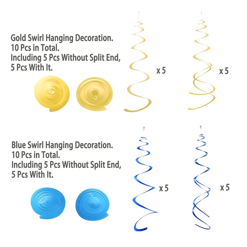 MOWO Gold and Royal Blue Foil Swirl Hanging Decoration for Birthday Graduation New Year Party Supplies Pack of 20 - Image 2