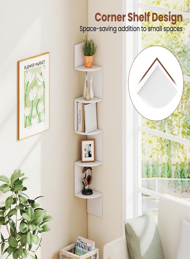 Giantex Corner Shelf Wall Mounted, 5-Tier Floating Corner Bookshelf, Home Storage Organizer, Wooden Display Stand Rack for Wall, Plant Shelf for Living Room, Bedroom, Kitchen (1,White) - Image 3