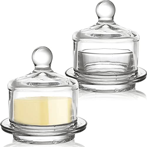 Dicunoy 2 Pack Glass Butter Dishes, Small Round Butter Keeper with Dome Lid and Handle, Clear Butter Serving Container with Cover, Round Crystal Mini Butter Cloche for Candy, Dessert, Parfait, Jam - Image 1