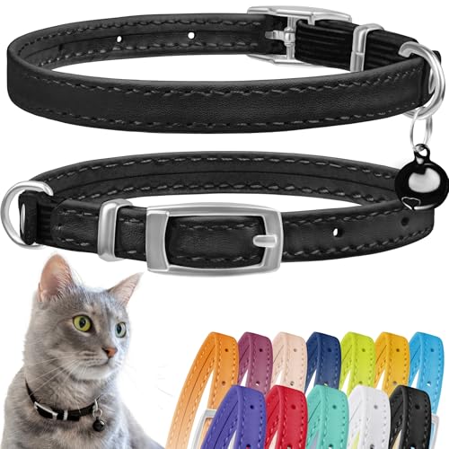 CollarDirect Leather Cat Collar with Bell - Kitten Small and Big Cat Collar for Boy Cats, Girl Cats with Safety Elastic Strap (Neck Fit 6"-7", Black) - Image 1