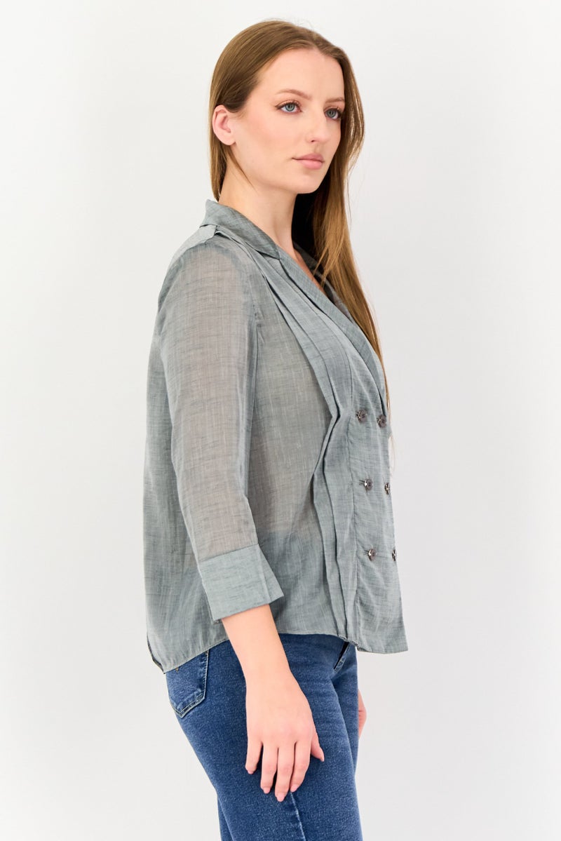 VERO MODA Couture Made For Vero Moda Women Notched Collar Long Sleeve Chambray Blouse, Grey - Image 2