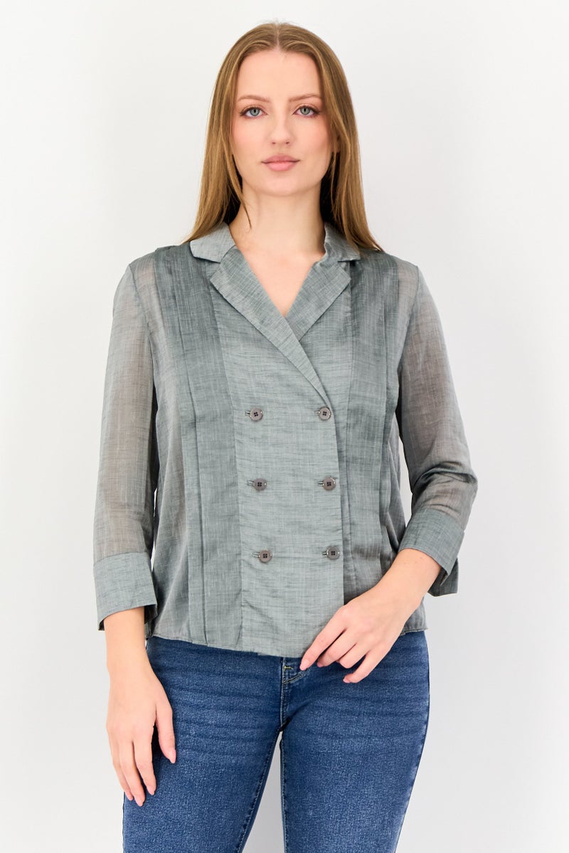 VERO MODA Couture Made For Vero Moda Women Notched Collar Long Sleeve Chambray Blouse, Grey - Image 1