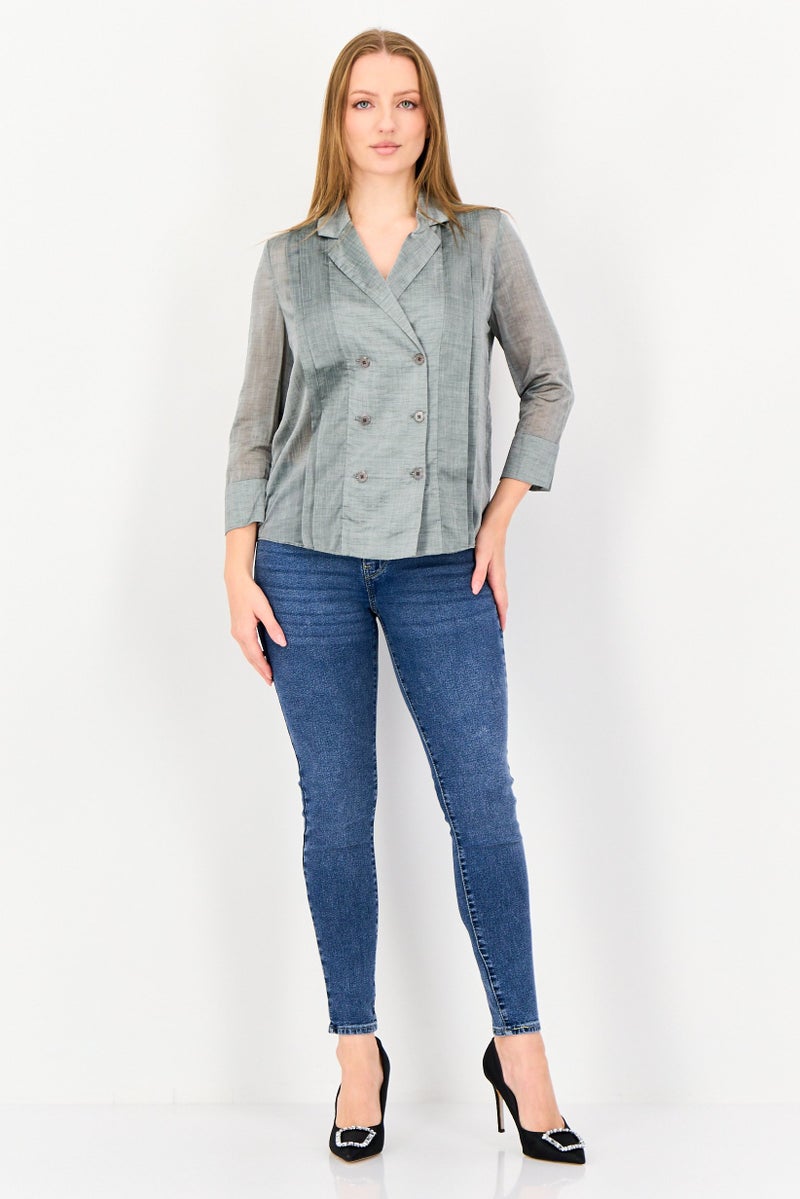 VERO MODA Couture Made For Vero Moda Women Notched Collar Long Sleeve Chambray Blouse, Grey - Image 4