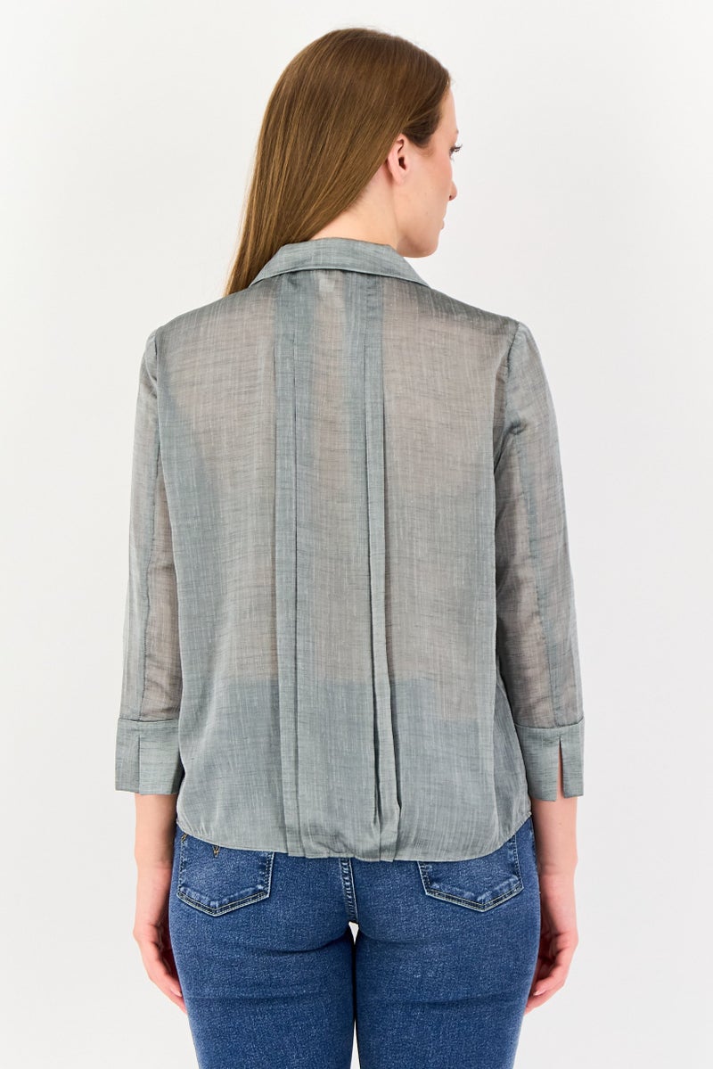 VERO MODA Couture Made For Vero Moda Women Notched Collar Long Sleeve Chambray Blouse, Grey - Image 3