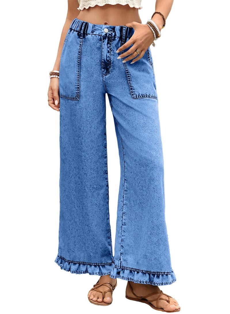 Astylish Womens Pull On Jeans High Waisted Flared Wide Leg Baggy Jean for Women Stretchy Lightweigt Ankle Boho Beach Denim Pants Dusk Blue Size 10 - Image 1
