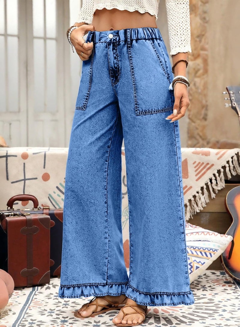 Astylish Womens Pull On Jeans High Waisted Flared Wide Leg Baggy Jean for Women Stretchy Lightweigt Ankle Boho Beach Denim Pants Dusk Blue Size 10 - Image 3