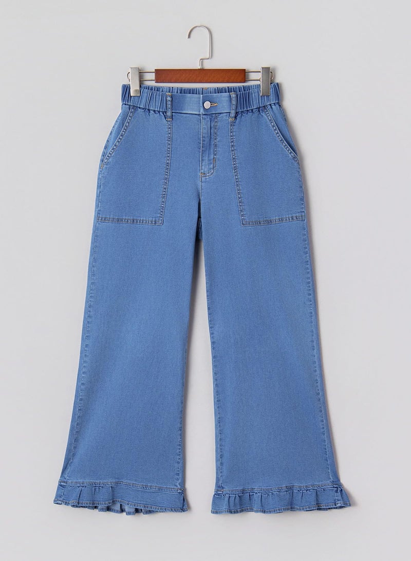 Astylish Womens Pull On Jeans High Waisted Flared Wide Leg Baggy Jean for Women Stretchy Lightweigt Ankle Boho Beach Denim Pants Dusk Blue Size 10 - Image 5