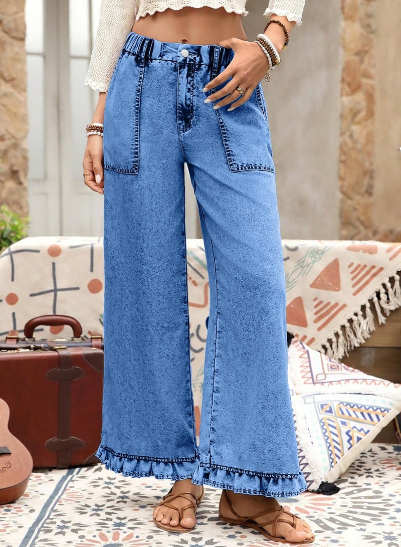 Astylish Womens Pull On Jeans High Waisted Flared Wide Leg Baggy Jean for Women Stretchy Lightweigt Ankle Boho Beach Denim Pants Dusk Blue Size 10 - Image 2