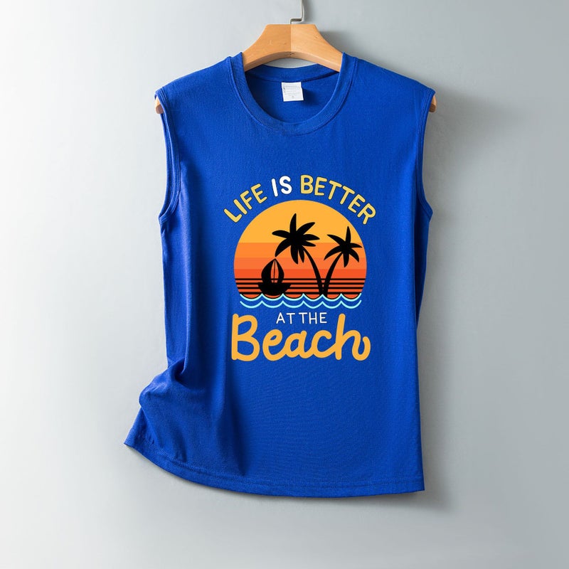 2022 New Life Is Better Seascape Pattern Loose Casual Round Neck Sleeveless T-Shirt - Image 1