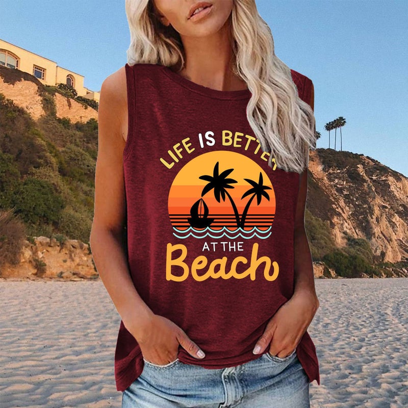 2022 New Life Is Better Seascape Pattern Loose Casual Round Neck Sleeveless T-Shirt - Image 5