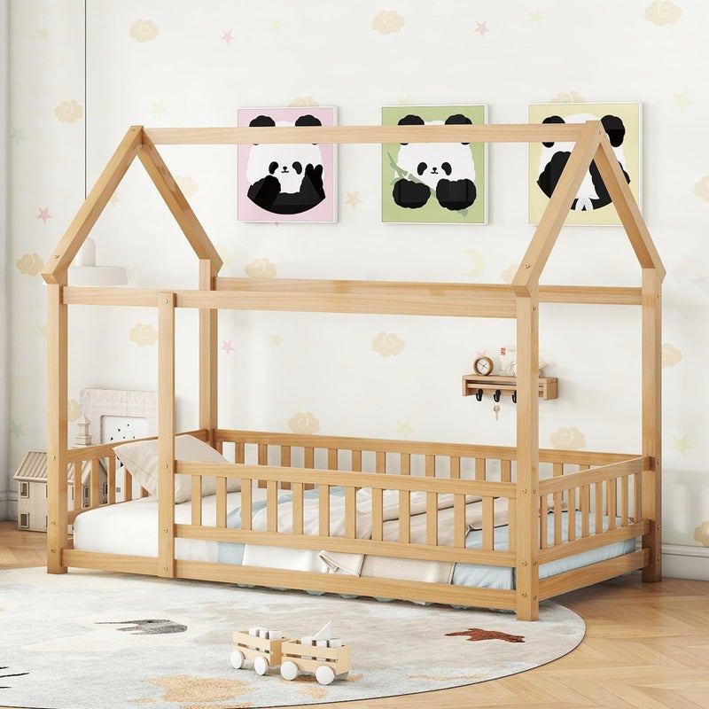 Bellemave Bellemave Twin Size House Floor Bed FrameWooden Montessori Floor Bed with Fence for KidsTwin Size Kids BedNatural