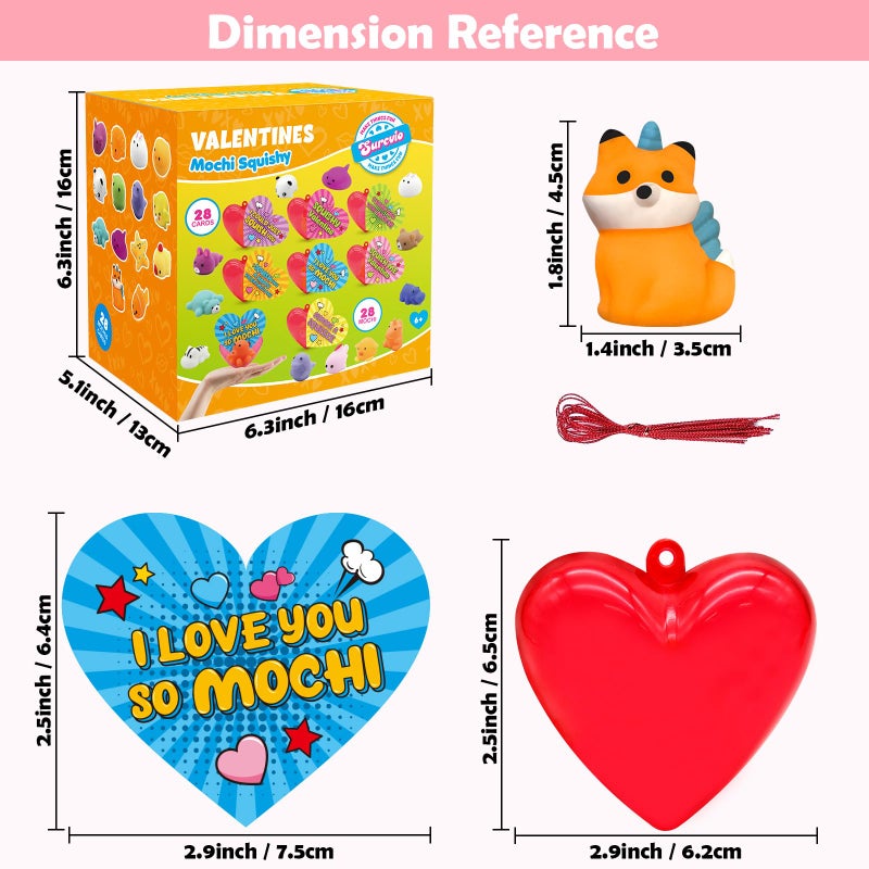 SURCVIO 28 Pack Valentine Mochi Squishies Gifts for Kids, Greeting Cards and Animal Mochi Squishies Filled Heart-Shape Box Kawaii Squishies Stress Relief Fidget Toys Classroom Exchange Party Favors - Image 3