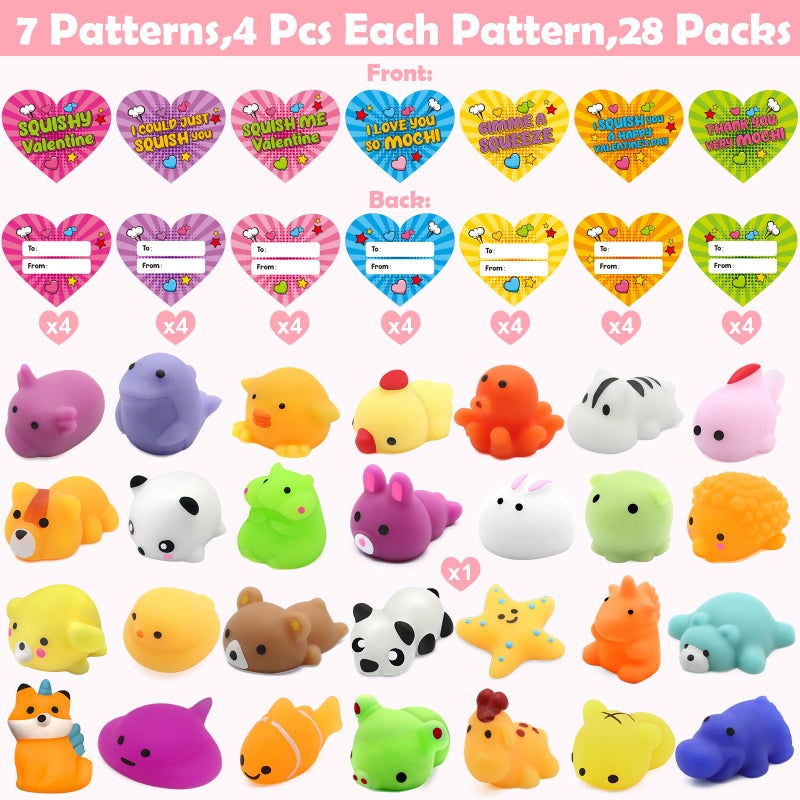 SURCVIO 28 Pack Valentine Mochi Squishies Gifts for Kids, Greeting Cards and Animal Mochi Squishies Filled Heart-Shape Box Kawaii Squishies Stress Relief Fidget Toys Classroom Exchange Party Favors - Image 2