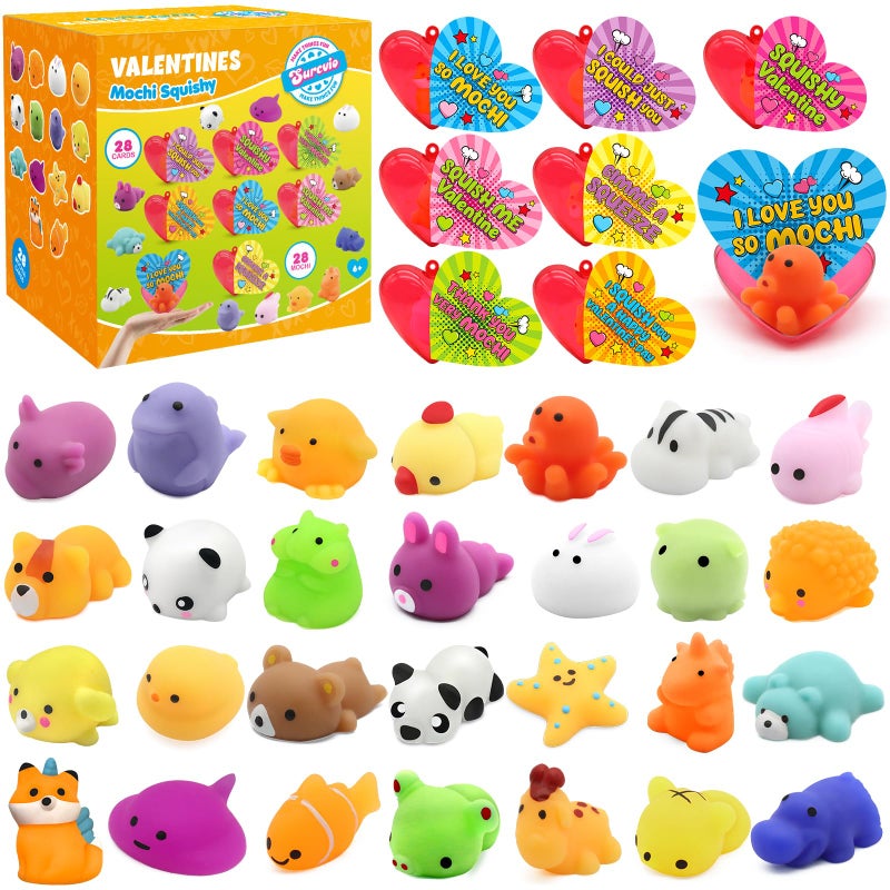 SURCVIO 28 Pack Valentine Mochi Squishies Gifts for Kids, Greeting Cards and Animal Mochi Squishies Filled Heart-Shape Box Kawaii Squishies Stress Relief Fidget Toys Classroom Exchange Party Favors - Image 1