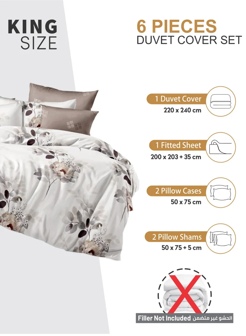 Donetella Duvet Cover Set 6-Pcs King Size Printed Bed Set With 1 Duvet Cover(220 X 240 CM),1 Fitted Sheet,2 PillowSham And 2 Pillow Cases (Without Filler),Mercury