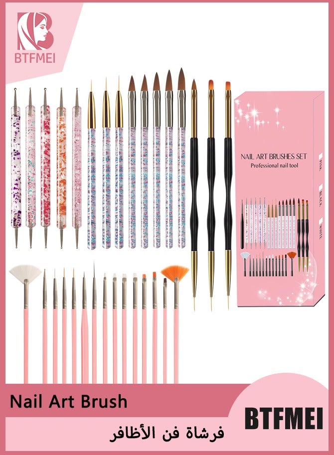 BTFMEI Professional 31-Pcs Nail Art Brush Set – Pink Handles, Dotting & Striping Tools, Gel & Acrylic, Home & Salon Use - Image 1