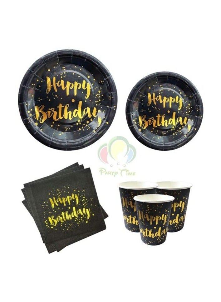 Party Time Set of Black & Gold Happy Birthday Party Tableware Set Includes Paper Plates,