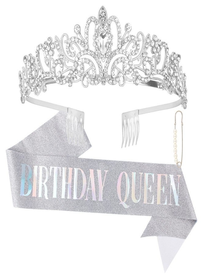 CAVETEE Silver Birthday Crowns and Tiaras - Women's Silver Birthday Party Decorations: Sash and Crown - Image 1