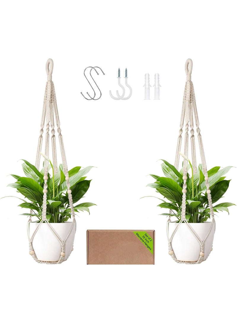 Arabest Macrame Plant Hanger Indoor Set of 2 with 4 Hooks, Indoor Outdoor Hanging Planter for Plants Holder with Decorative Wood Beads & No Tassels, Boho Home Decor, 35 Inch Ivory (Pots Not Included) - Image 1