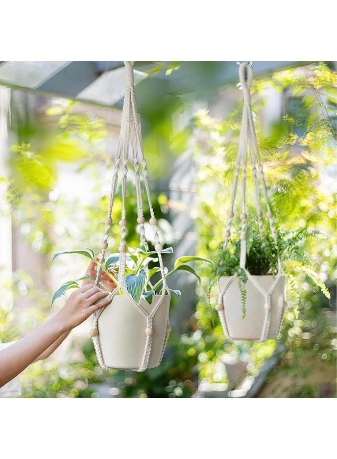 Arabest Macrame Plant Hanger Indoor Set of 2 with 4 Hooks, Indoor Outdoor Hanging Planter for Plants Holder with Decorative Wood Beads & No Tassels, Boho Home Decor, 35 Inch Ivory (Pots Not Included) - Image 5