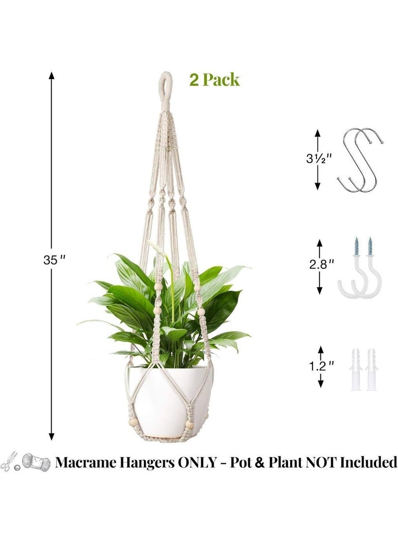 Arabest Macrame Plant Hanger Indoor Set of 2 with 4 Hooks, Indoor Outdoor Hanging Planter for Plants Holder with Decorative Wood Beads & No Tassels, Boho Home Decor, 35 Inch Ivory (Pots Not Included) - Image 2