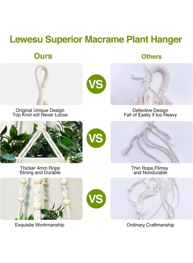 Arabest Macrame Plant Hanger Indoor Set of 2 with 4 Hooks, Indoor Outdoor Hanging Planter for Plants Holder with Decorative Wood Beads & No Tassels, Boho Home Decor, 35 Inch Ivory (Pots Not Included) - Image 3