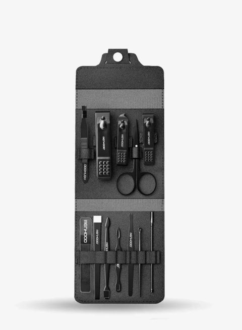 مجموعة العناية بالرجل (١٢ قطعة) | مجموعة عناية من الفولاذ المقاوم للصدأ | مجموعة مانيكير وباديكير | حقيبة سفر جلدية صغيرة | أدوات للعناية بالوجه والقدمين واليدين