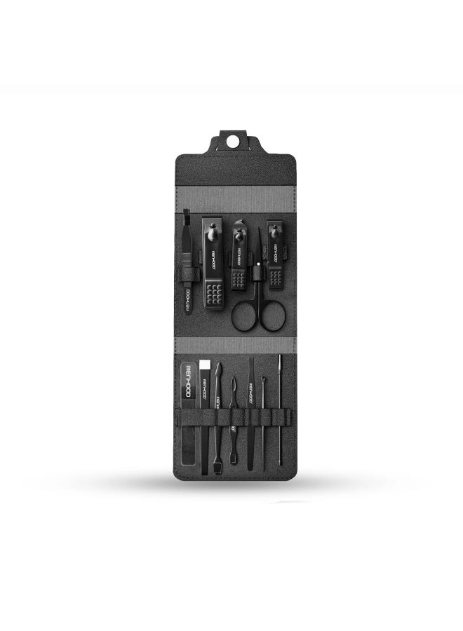 Menhood Man-Cure Kit (12 Pieces) | Stainless Steel Grooming Kit | Manicure Pedicure Kit | Leather Compact Travel Case | Face Care, Foot Care, Hand Care Tools - Image 1