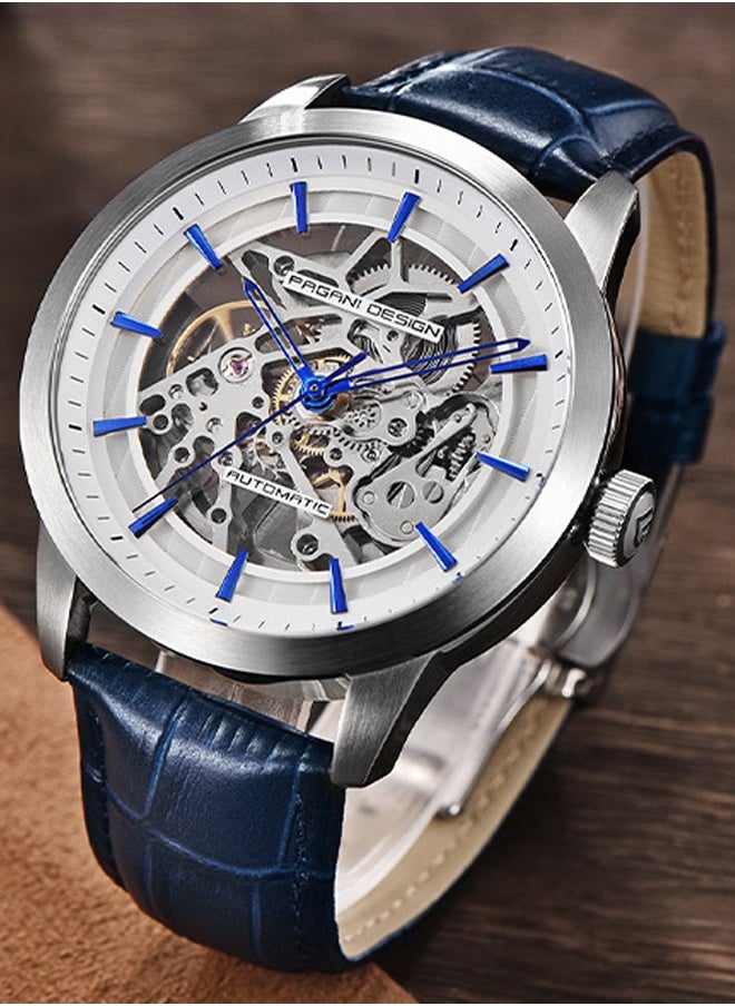 PAGANI DESIGN - Men's Automatic Mechanical Watch, Stainless Steel Frame, Waterproof, Automatic Winding, Dark Blue Leather Strap, Fashionable And Casual - Image 1
