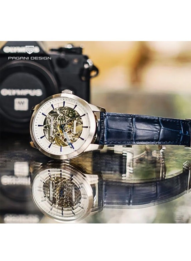 PAGANI DESIGN - Men's Automatic Mechanical Watch, Stainless Steel Frame, Waterproof, Automatic Winding, Dark Blue Leather Strap, Fashionable And Casual - Image 1