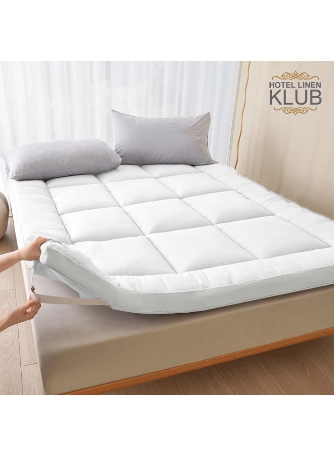 هوتيل لينين كلوب غطاء مرتبة مزدوج من Hotel Linen Klub - قماش قطني 100% بكثافة 233 خيطًا (مضاد لتسرب الريش) مع حواف مزخرفة وأشرطة مطاطية من الجوانب الأربعة، حشوة من ألياف ناعمة وكثيفة بوزن 500 غرام/م²، مريح ومتين وسميك جدًا، المقاس: 120 × 200 سم، اللون: أبيض - Image 1