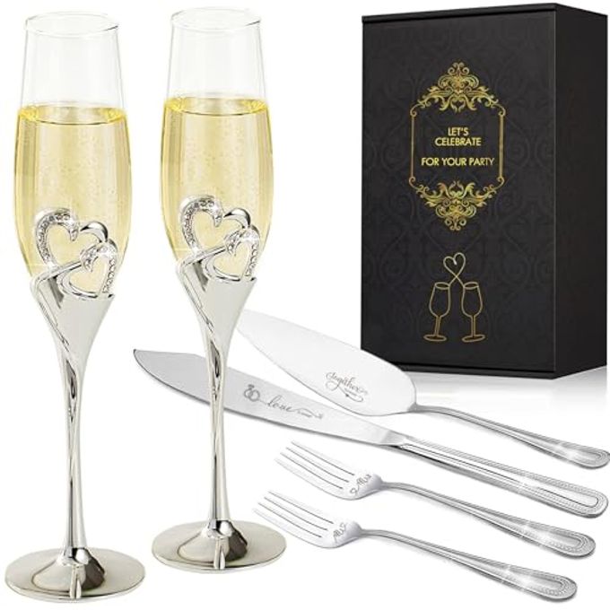 VARLKA Wedding Cake Knife and Server Set with Forks, Classical Style Champagne Flutes Toasting Glasses for Bride and Groom, Wedding Gifts for Couples, Bridal Shower Gifts - Image 1
