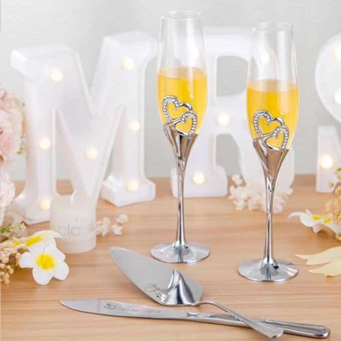 VARLKA Wedding Cake Knife and Server Set with Forks, Classical Style Champagne Flutes Toasting Glasses for Bride and Groom, Wedding Gifts for Couples, Bridal Shower Gifts - Image 3