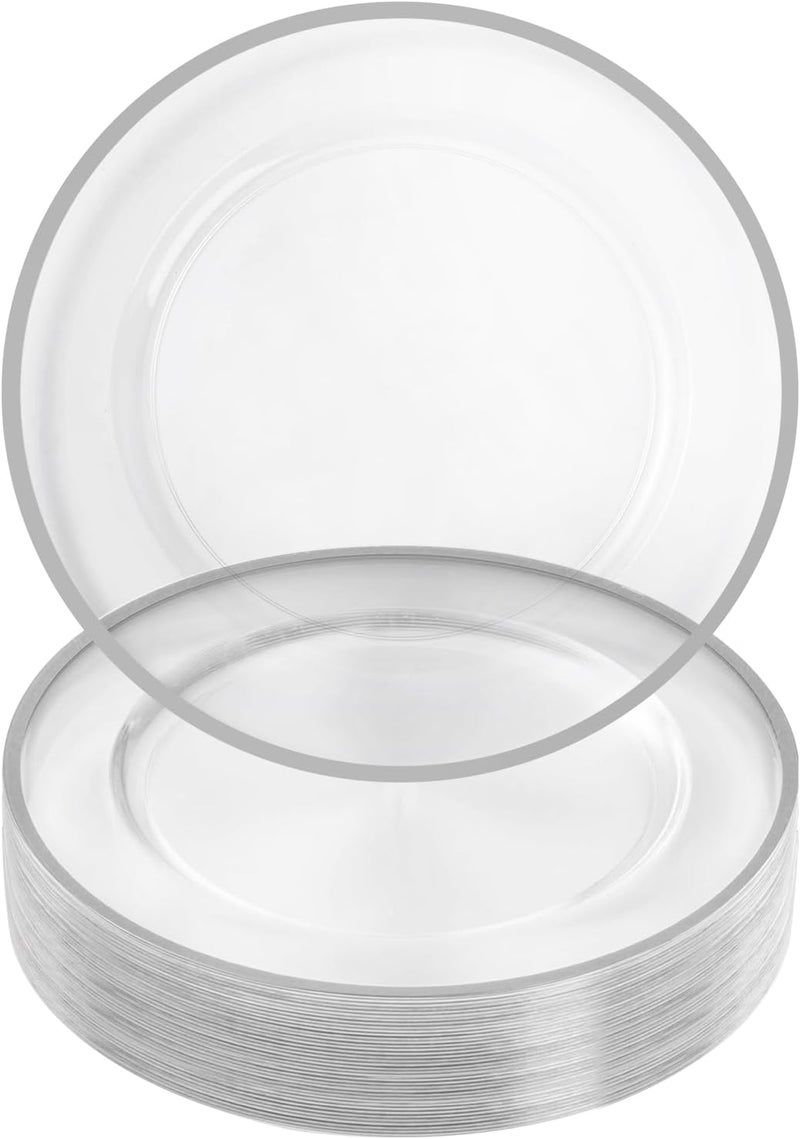 Goodluck 12 Inch Silver Charger Plates 25 Pack Clear With Silver Trim Disposable Plastic for Dinner Wedding Party - Image 1
