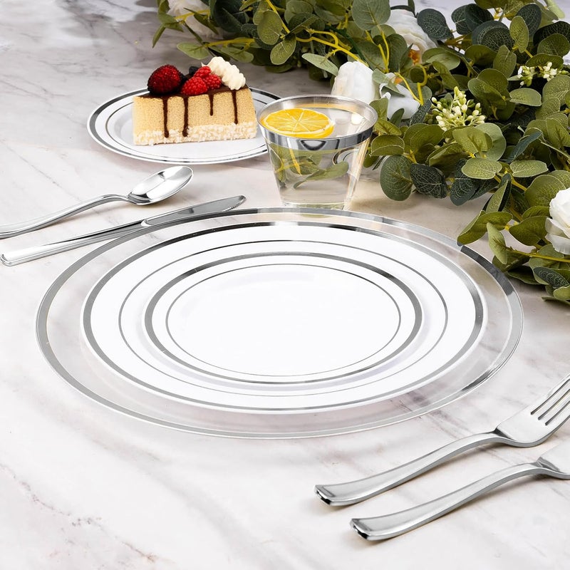 Goodluck 12 Inch Silver Charger Plates 25 Pack Clear With Silver Trim Disposable Plastic for Dinner Wedding Party - Image 3