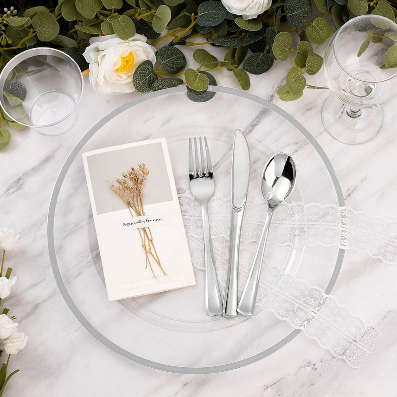 Goodluck 12 Inch Silver Charger Plates 25 Pack Clear With Silver Trim Disposable Plastic for Dinner Wedding Party - Image 2