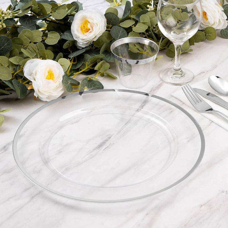 Goodluck 12 Inch Silver Charger Plates 25 Pack Clear With Silver Trim Disposable Plastic for Dinner Wedding Party - Image 5