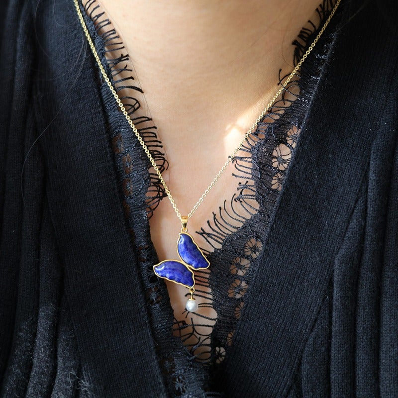 Natural Lapis Lazuli Butterfly Pendant Necklace for Women, 925 Silver Gold Plated, Pearl Accent, 20mm, Elegant Chinese Style