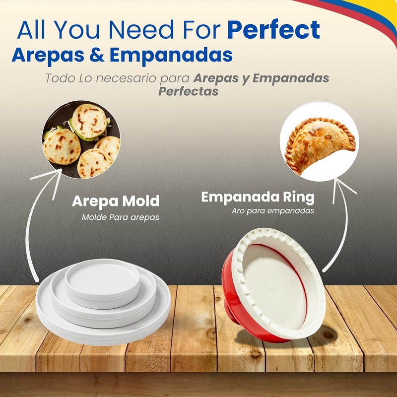 TRAITOOLS Molde para Arepas Colombianas + Prensa para Arepas Grande (5.7 in) – Combo Kit with 3 Molds (5.9", 4.3", 3.1") – Arepas Press, Molde para Empanadas – Multi-Purpose Mold for Latin Dishes - Image 2