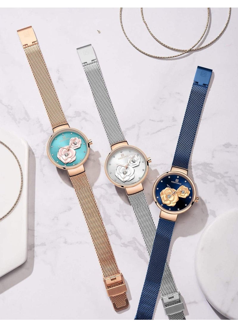 NAVIFORCE Elegant Women's Quartz Watch Stylish Round Dial with Floral Embossed Design Crystal Hour Markers Stainless Steel Mesh Strap Fashionable Timepiece for Everyday Wear and Special Occasions  - Image 5