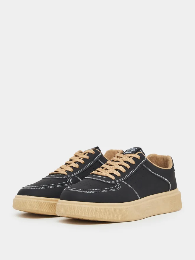 Styli Black Lace Up Classic Court Sneakers