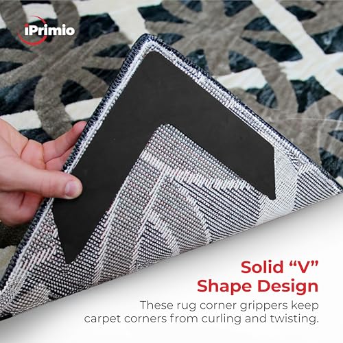 iPrimio NeverCurl 4-Pack V Shape Rug Corner Grippers - Rug Gripper for Hardwood Floors and Outdoor Surfaces - Stops Curling Corners - Safe Carpet Tape Alternative - Works on Rug Corners Indoors - Image 2