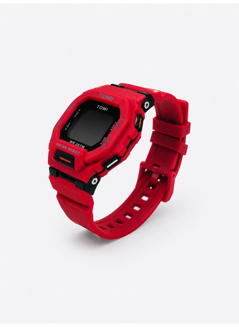 TOMI Blaze TM2020 Digital Sports Watch for Men – Crimson Red Tactical Case, 3ATM Water Resistant, LED Backlight, Multi-Function Silicone Strap Military Wristwatch - Image 3