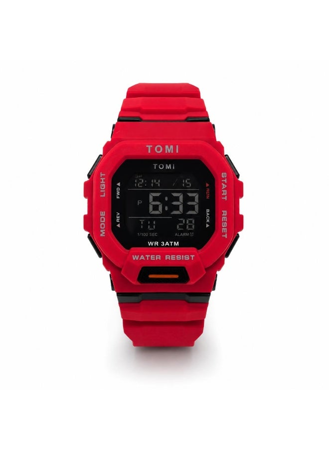 TOMI Blaze TM2020 Digital Sports Watch for Men – Crimson Red Tactical Case, 3ATM Water Resistant, LED Backlight, Multi-Function Silicone Strap Military Wristwatch - Image 1