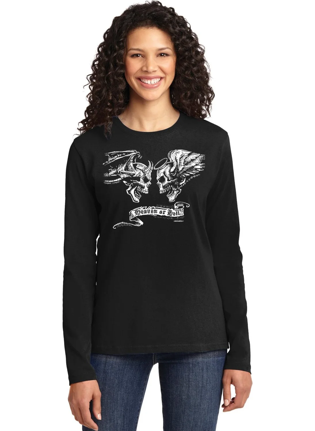 Rock&Roll Angel Devil Crew Neck Black Long Sleeve Combed Cotton Women's T-Shirt